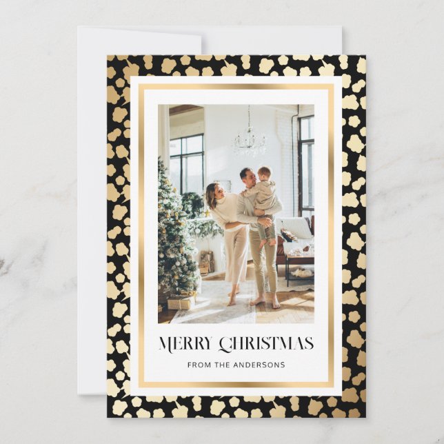 Elegant Black Gold Starry Photo Merry Christmas Holiday Card (Front)