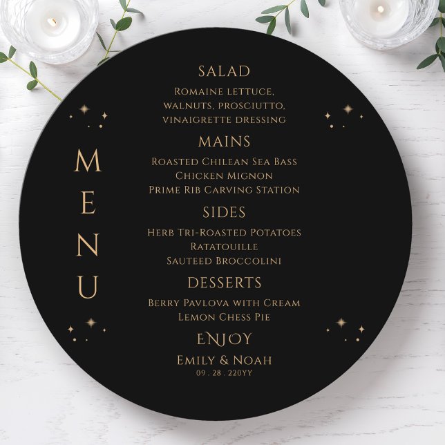 Elegant Black Gold Stars Wedding Reception Menu (Creator Uploaded)