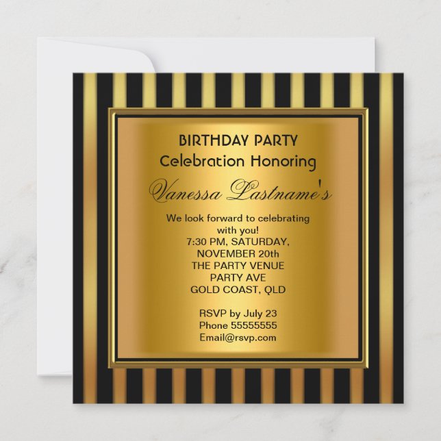 Elegant Black Gold Stripe Birthday Party Invitation (Front)
