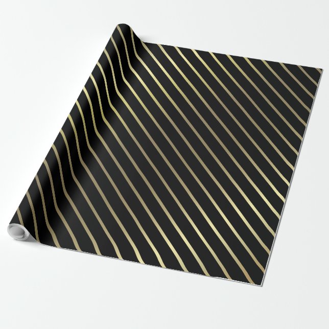 Elegant Black Gold Striped Glamourous Shiny Design Wrapping Paper (Unrolled)