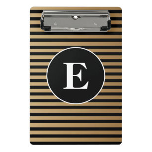 Elegant Black Gold Striped Monogram Mini Clipboard