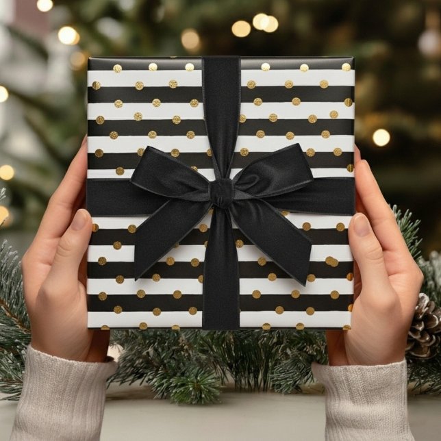 Elegant Black Gold Stripes & Dots Christmas Gift  Wrapping Paper (Elegant Black Gold Stripes & Dots Christmas Gift Wrapping Paper)
