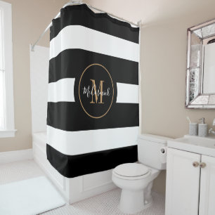 Elegant Black Gold Stripes Monogram Script Name Shower Curtain