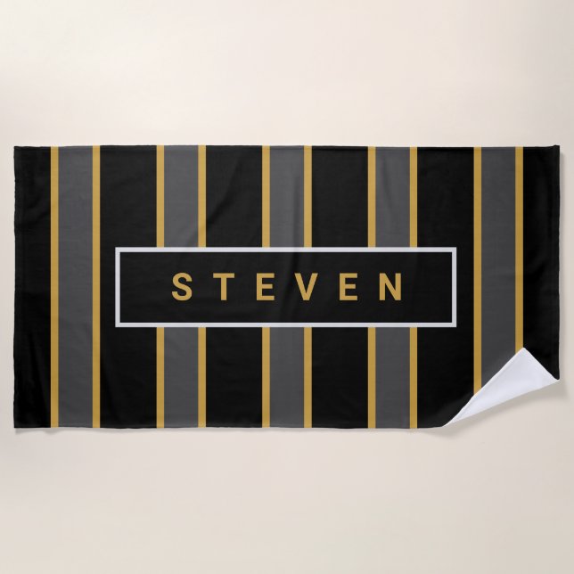 Elegant Black Gold Stripes Personalised Mens Beach Towel (Front)