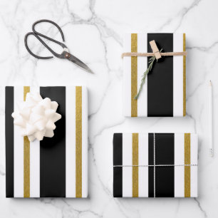 Elegant Black & Gold Stripes Wrapping Paper Sheet