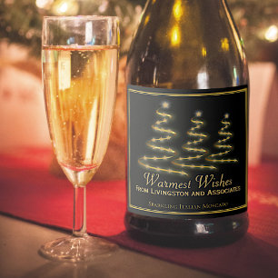 Elegant Black & Gold Stylised Christmas Trees Sparkling Wine Label
