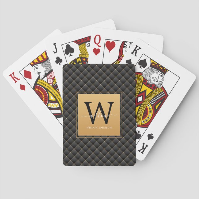 Elegant Black Gold Stylish Monogram Initial Script Playing Cards (Back)