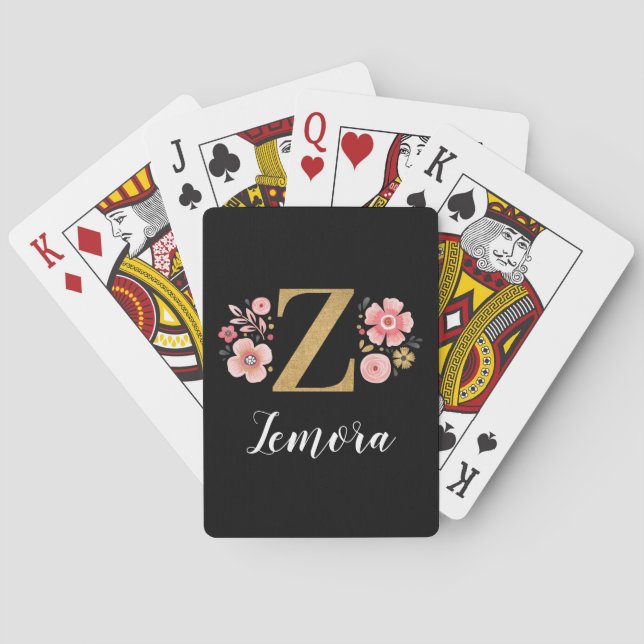 Elegant Black Gold Stylish Monogram Script Playing Cards (Back)