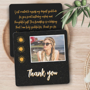 Elegant Black Gold Sun Photo Birthday Thank You Card