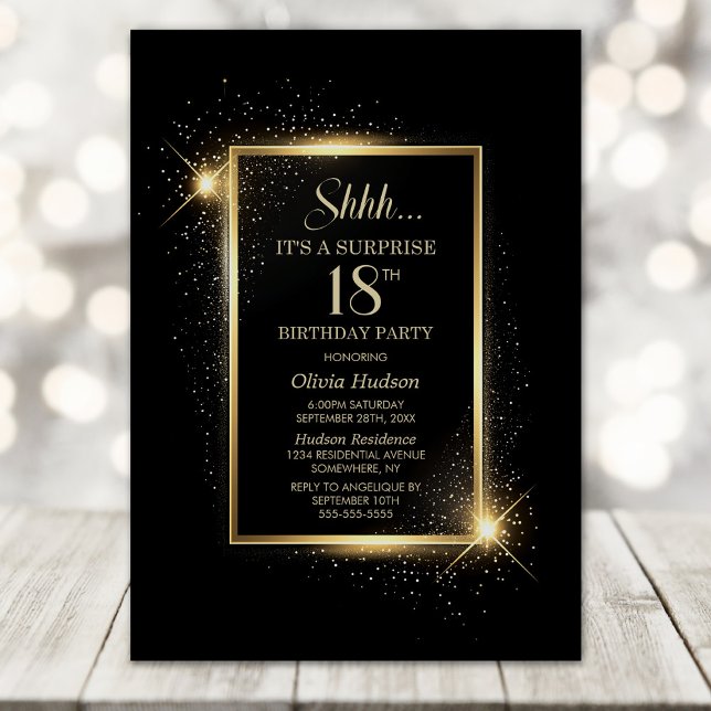 Elegant Black Gold Surprise 18th Birthday Party Invitation (Creator Uploaded)