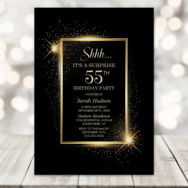 Elegant Black Gold Surprise 55th Birthday Party Invitation (Creator Uploaded)