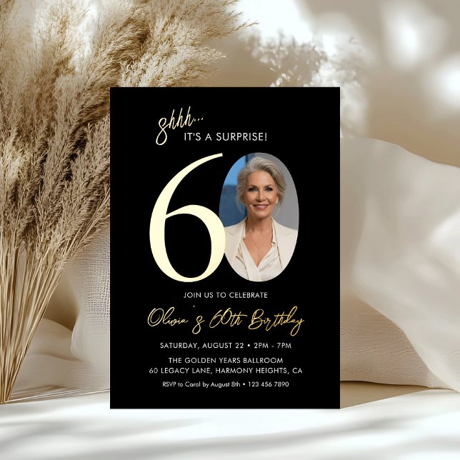 Elegant Black Gold Surprise 60th Birthday Photo (Creator Uploaded)
