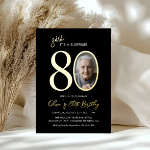 Elegant Black Gold Surprise 80th Birthday Photo