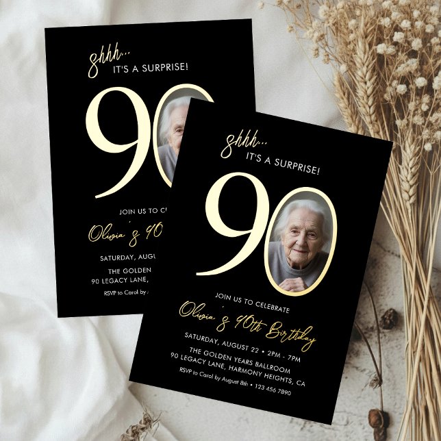 Elegant Black Gold Surprise 90th Birthday Photo (Creator Uploaded)