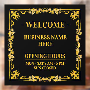Elegant Black & Gold Swirl Frame Opening Hours