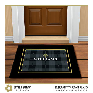 Elegant Black Gold Tartan Plaid Monogram Doormat