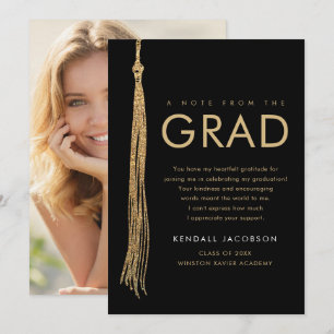 Elegant Black & Gold Tassel Graduation photo Thank You Card