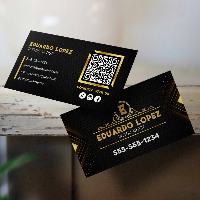 Elegant Black & Gold Tattoo Artist Connect with us Business Card (Creator Uploaded)