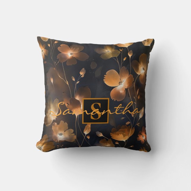 Elegant black gold terra cotta floral monogram cushion (Front)