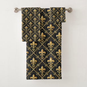 Elegant black gold tiled pattern bath towel set