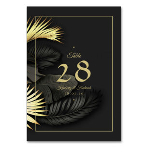 Elegant Black & Gold Tropical Leaf Wedding Table Number