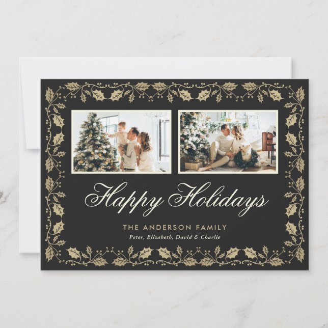Elegant Black Gold Two Photo Happy Holidays Card (Front)