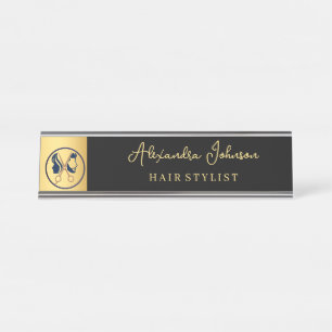 Elegant Black & Gold Unisex Hair Salon Desk Name Plate