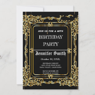 Elegant black gold vintage 40th birthday invitation