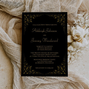 Elegant Black Gold Vintage Botanical Frame Wedding Invitation