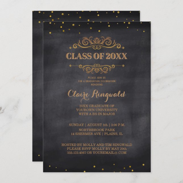 Elegant Black Gold Vintage Classy Graduation Party Invitation (Front/Back)