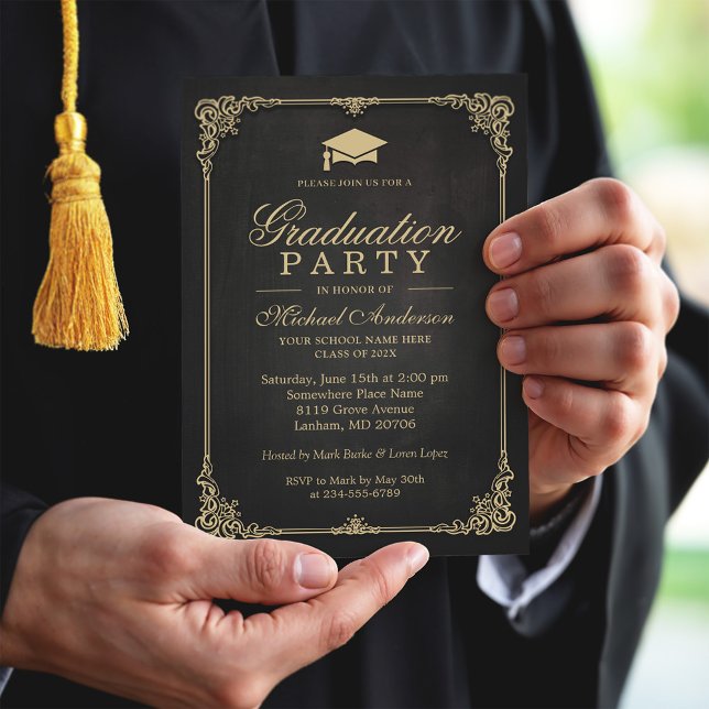 Elegant Black Gold Vintage Frame Graduation Party Invitation (Creator Uploaded)
