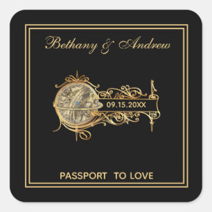 Elegant Black Gold Vintage Travel Wedding Square Sticker