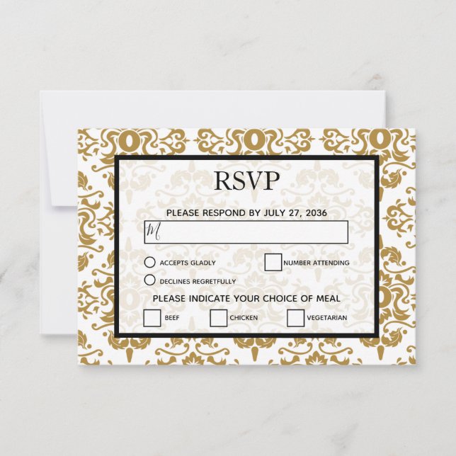 Elegant Black Gold Vintage Wedding RSVP Cards (Front)