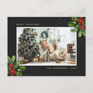 Elegant Black Gold Watercolor Holly Photo Holiday Postcard
