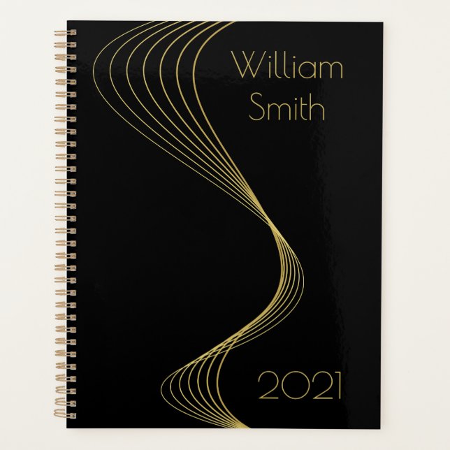 Elegant Black Gold Wavy Lines Planner (Front)
