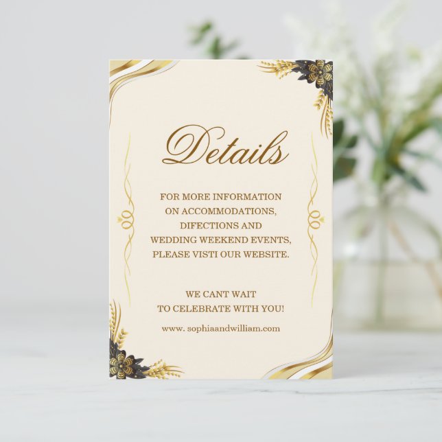 Elegant Black & Gold Wedding Details card (Standing Front)