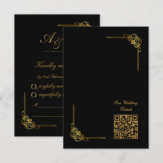 Elegant Black Gold Wedding Event QR Code RSVP Card