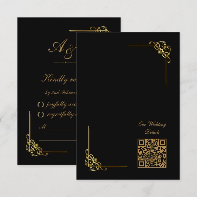 Elegant Black Gold Wedding Event QR Code RSVP Card (Front/Back)