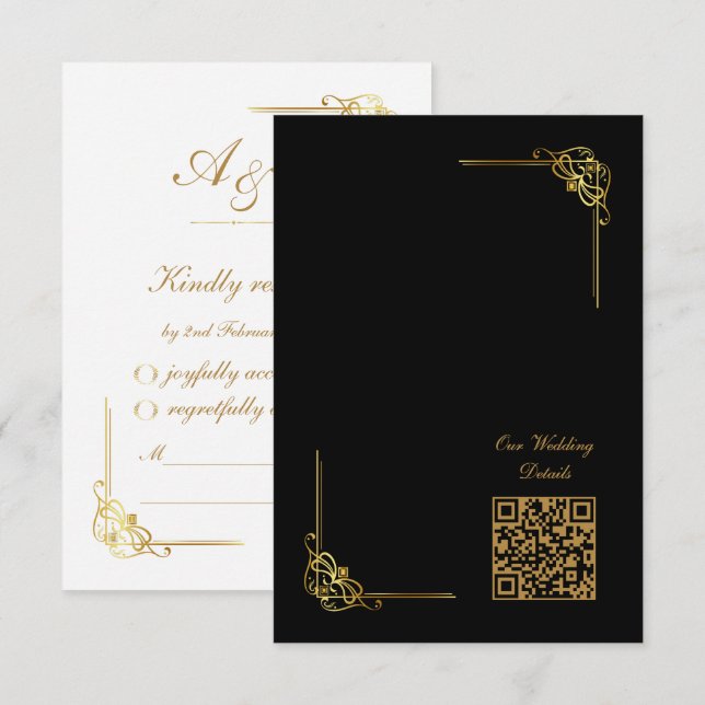 Elegant Black Gold Wedding Event QR Code RSVP Card (Front/Back)