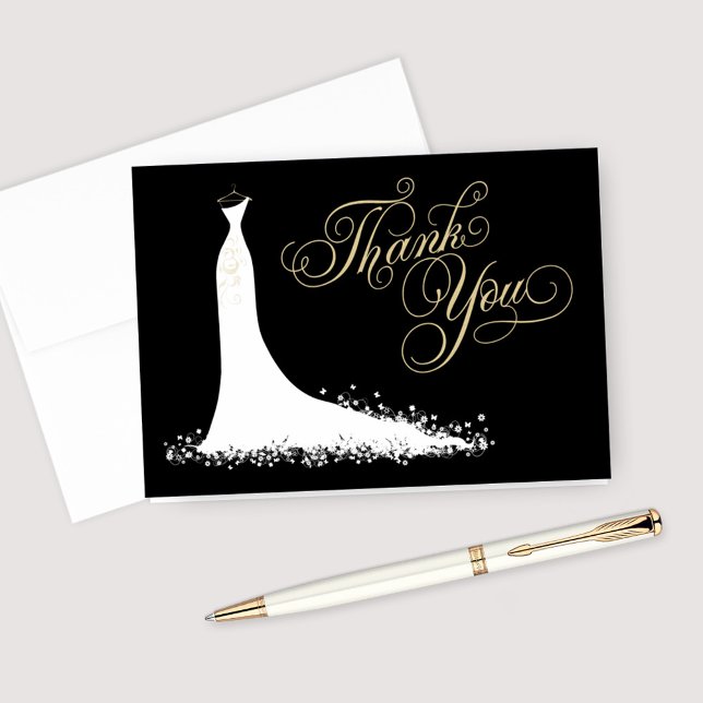 Elegant Black Gold Wedding Gown Bridal Shower Thank You Card (Creator Uploaded)