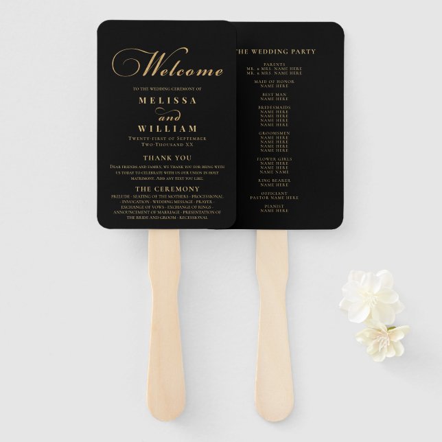 Elegant Black Gold Wedding Hand Fan (Front and Back)