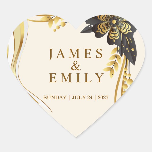 Elegant Black & Gold Wedding Heart Sticker (Front)
