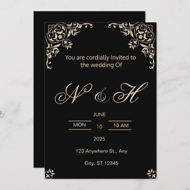 Elegant Black & Gold wedding invitation  (Front/Back)