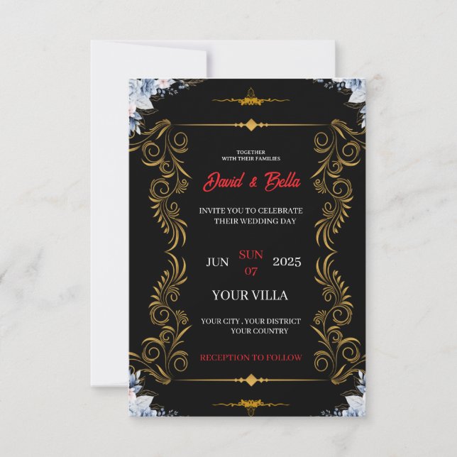 Elegant Black & Gold Wedding Invitation (Front)