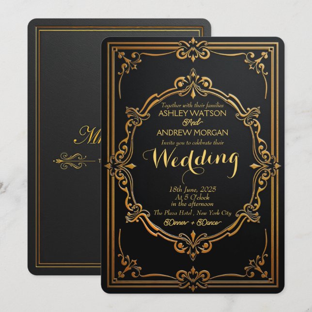 Elegant Black & Gold Wedding Invitation Template (Front/Back)
