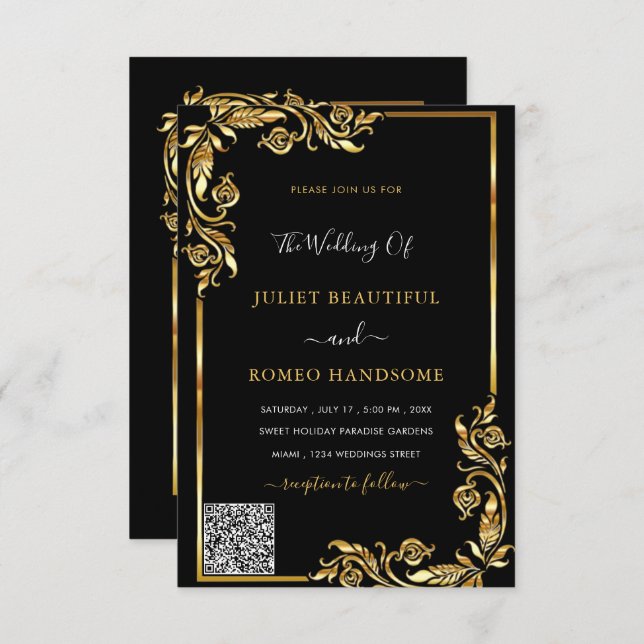 Elegant Black Gold Wedding Invitation with QR Code (Front/Back)