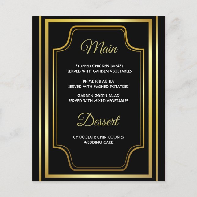 Elegant Black Gold Wedding Menu Cards (Front)