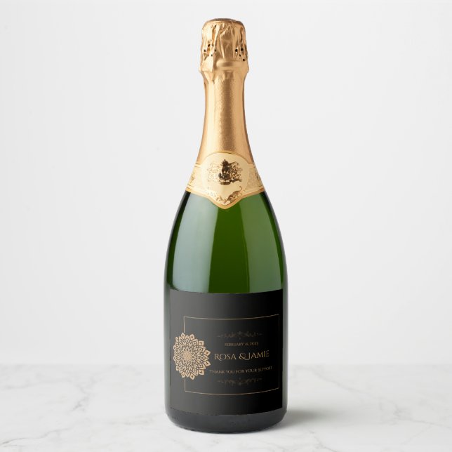 Elegant Black & Gold Wedding – Personalized Sparkling Wine Label (Front)