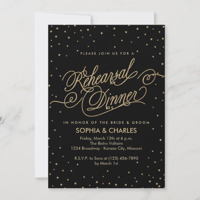 Elegant Black & Gold Wedding Rehearsal Dinner Invitation (Front)