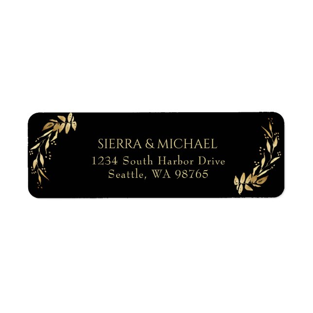 Elegant Black Gold Wedding Return Address (Front)